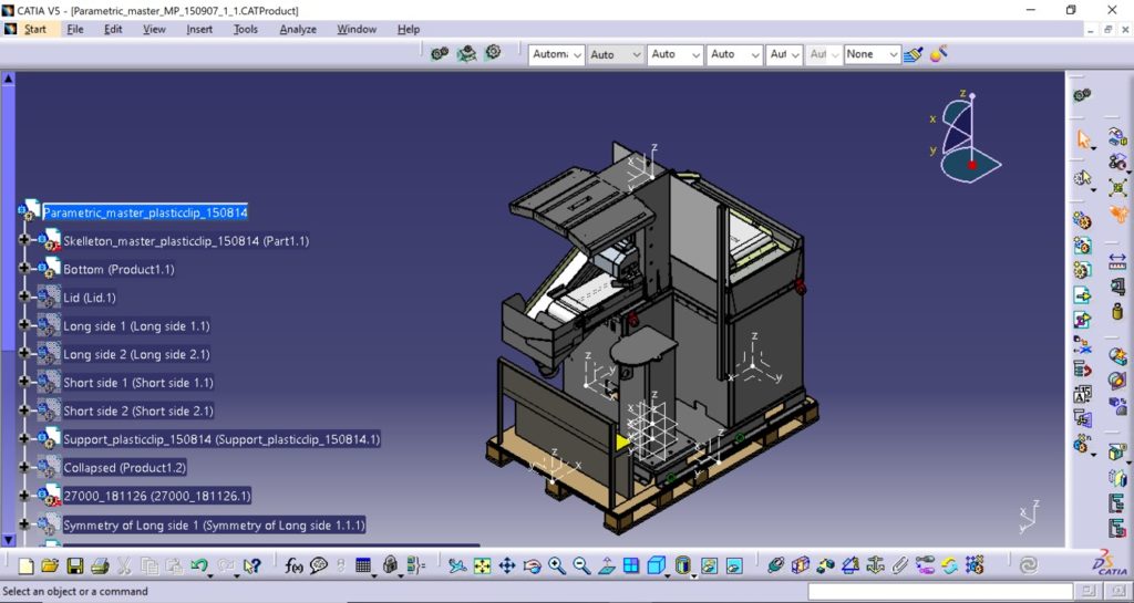 A 3D design image from Catia of high-value bulky equipment which weighs 1200 kgs is placed on Clip-Lok pallet.